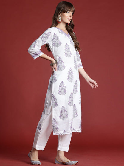 Floral Printed Sequinned V-Neck Pure Cotton Kurta with Trousers & Dupatta