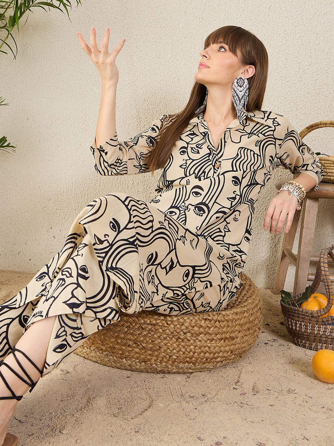 Dhiyona IE Printed Shirt Collar Pure Cotton Tunic With Trouser