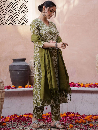 Dhiyona SN Women's Floral Printed Thread Work Pure Cotton Kurta with Trouser & Dupatta