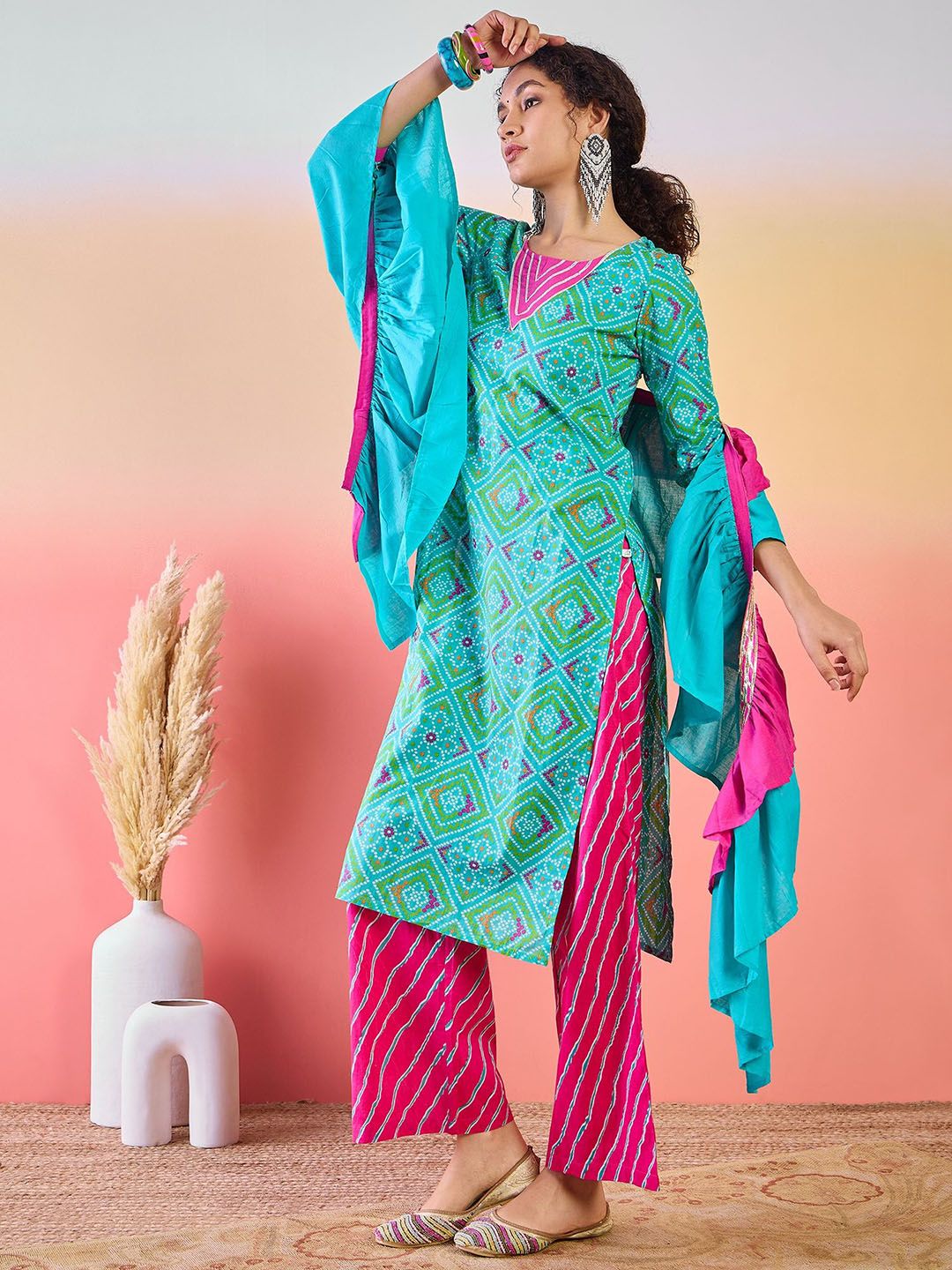 Dhiyona SN Women's Bandhani Printed Pure Cotton Round Neck Kurta With Trousers & Ruffled Dupatta