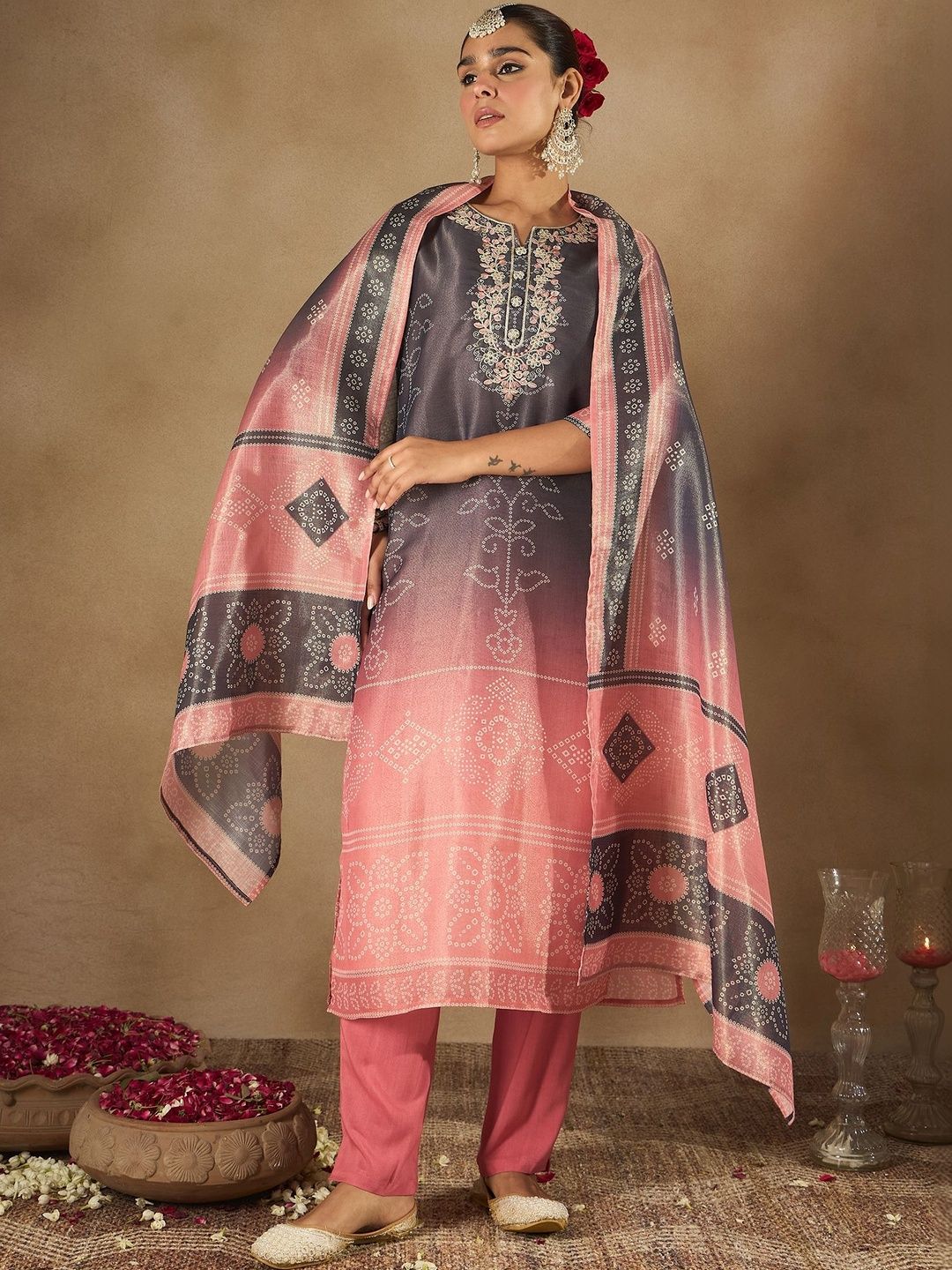 Women Ethnic Motifs Embroidered Regular Thread Work Kurta with Trousers & With Dupatta