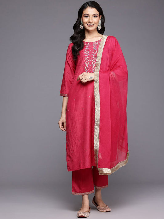 Dhiyona VA Women's Ethnic Motifs Yoke Design Thread Work Kurta with Trousers & Dupatta