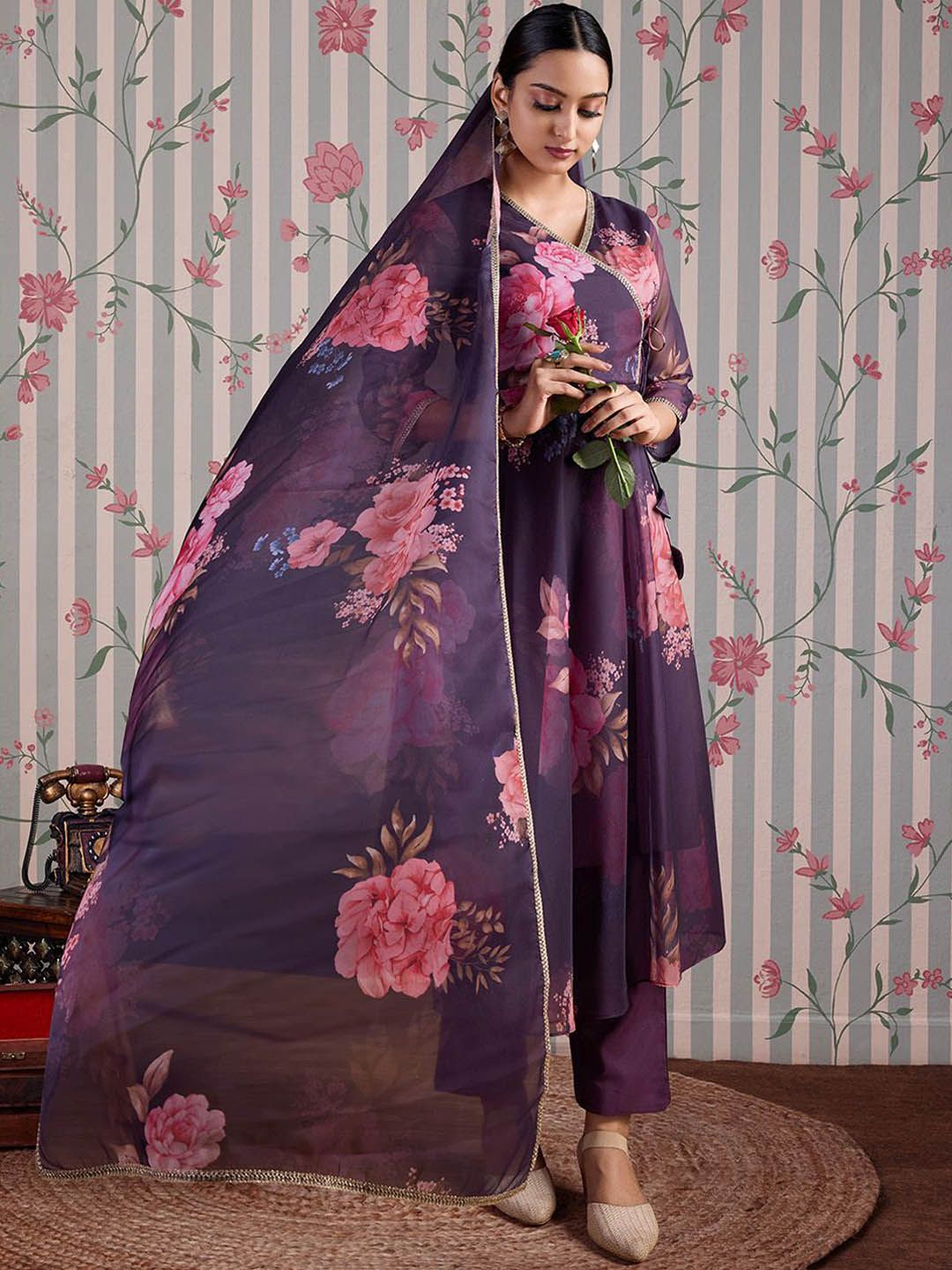 Dhiyona OD  Floral Printed Gotta Patti Anarkali Kurta with Trousers & Dupatta