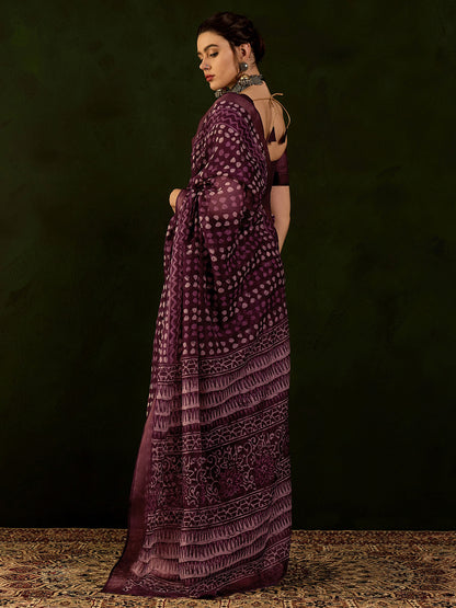 Women's Cotton Linen Magenta Printed Designer Saree With Blouse Piece
