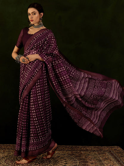 Women's Cotton Linen Magenta Printed Designer Saree With Blouse Piece