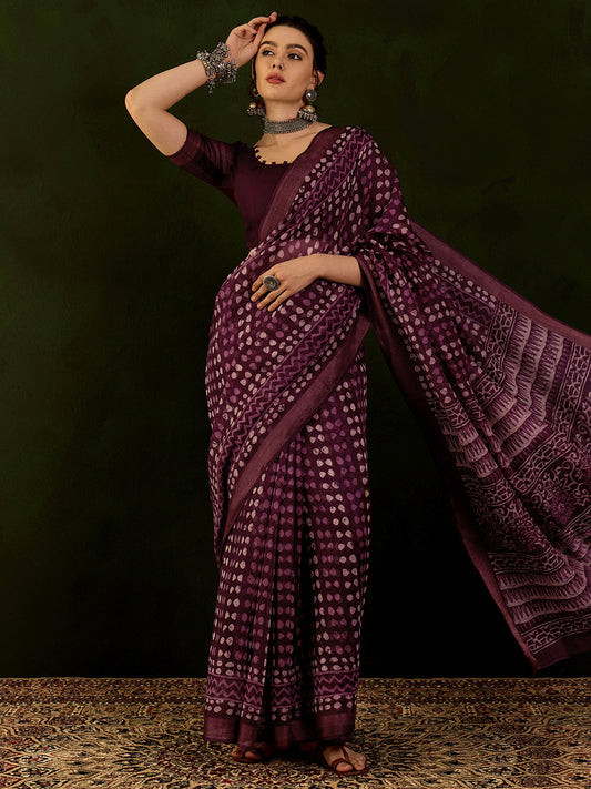 Women's Cotton Linen Magenta Printed Designer Saree With Blouse Piece