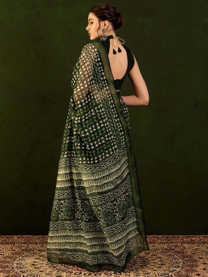 Women's Cotton Linen Green Printed Designer Saree With Blouse Piece