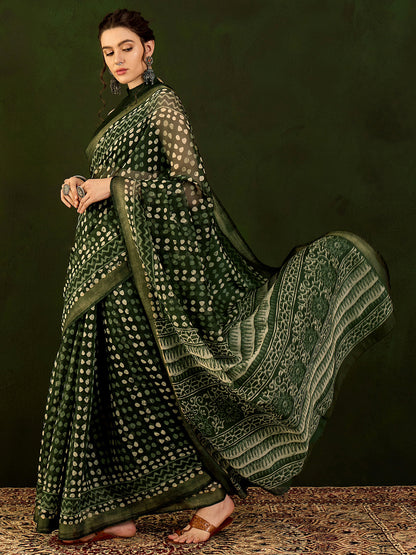 Women's Cotton Linen Green Printed Designer Saree With Blouse Piece