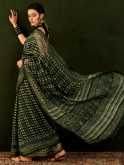 Women's Cotton Linen Green Printed Designer Saree With Blouse Piece