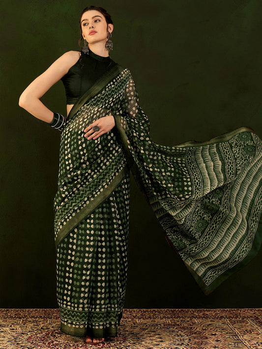 Women's Cotton Linen Green Printed Designer Saree With Blouse Piece