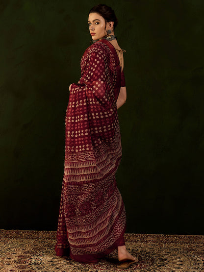 Women's Cotton Linen Maroon Printed Designer Saree With Blouse Piece