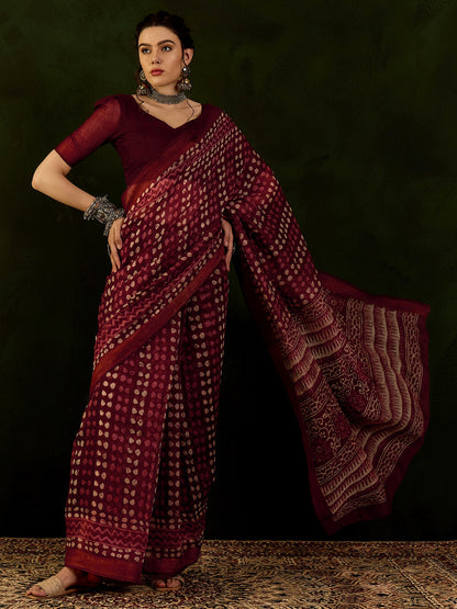 Women's Cotton Linen Maroon Printed Designer Saree With Blouse Piece