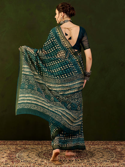 Women's Cotton Linen Teal blue Printed Designer Saree With Blouse Piece