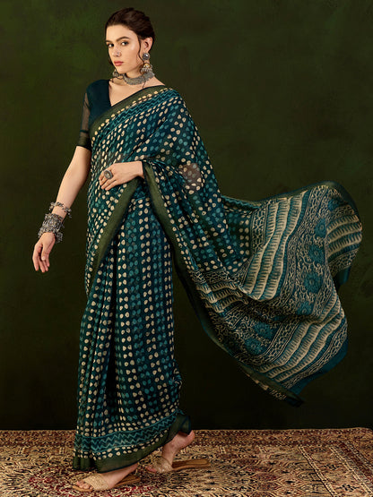 Women's Cotton Linen Teal blue Printed Designer Saree With Blouse Piece