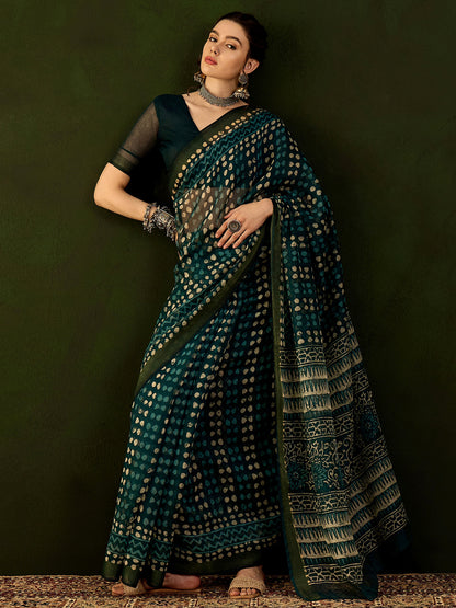 Women's Cotton Linen Teal blue Printed Designer Saree With Blouse Piece