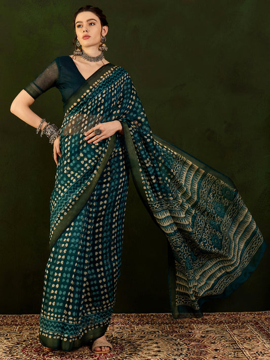 Women's Cotton Linen Teal blue Printed Designer Saree With Blouse Piece