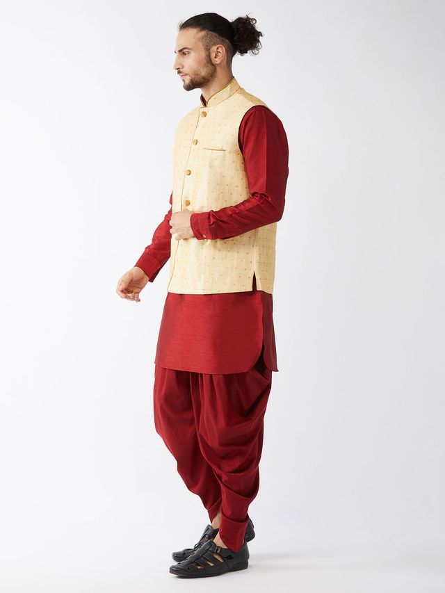 Men's Maroon Silk Blend Straight Jacket  Kurta and Dhoti Set