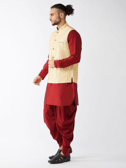Men's Maroon Silk Blend Straight Jacket  Kurta and Dhoti Set