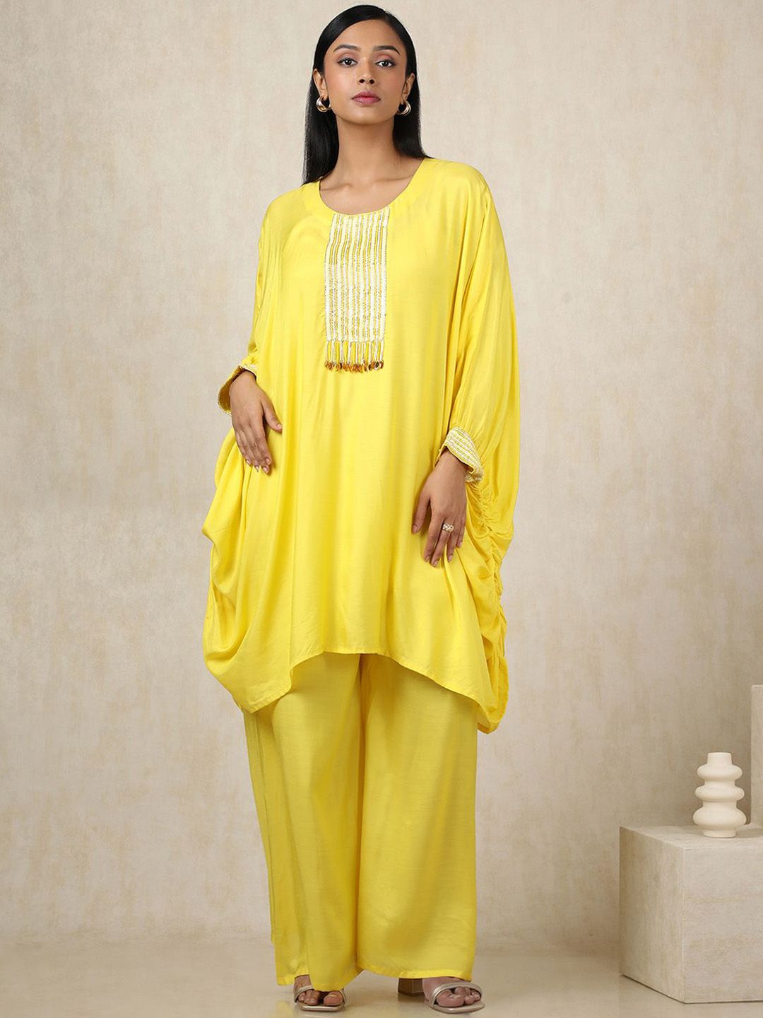 Dhiyona SO Women's Striped Yoke Design Sequinned Round Neck Kaftan Pure Cotton Kurta With Palazzos