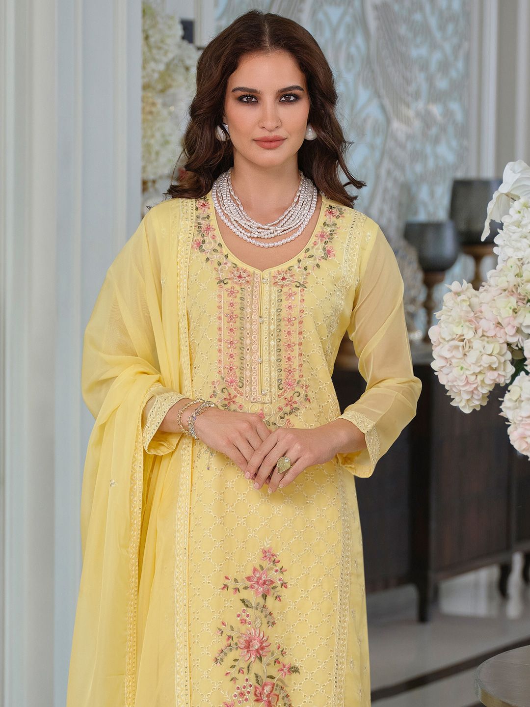 Dhiyona IE Adults-Women Woven Design Embroidered Kurta with Trousers & Dupatta