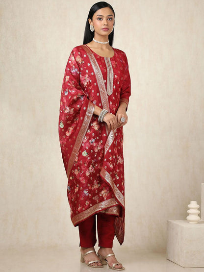 Dhiyona SO Women's Floral Woven Design Zari Work Brocade Kurta With Trousers & Dupatta