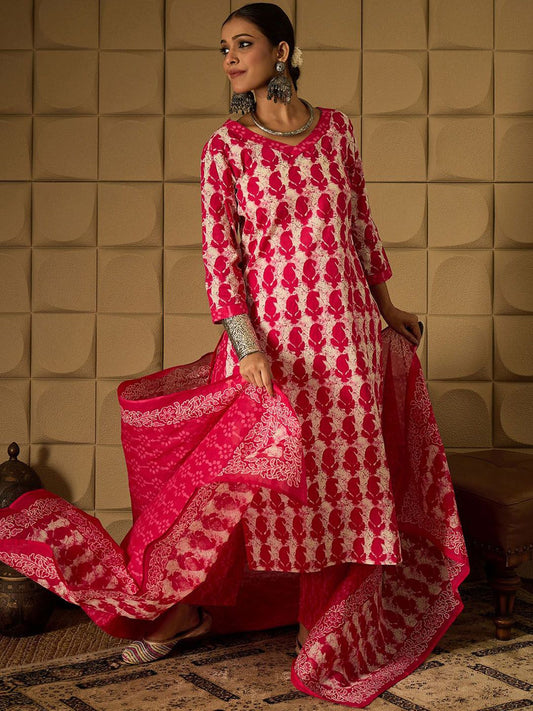 Dhiyona IE Paisley Printed V-Neck Regular Pure Cotton Kurta With Trouser With Dupatta