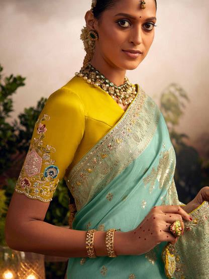 Dhiyona KM Women Elegant Green Silk Saree With Contrast Yellow Blouse