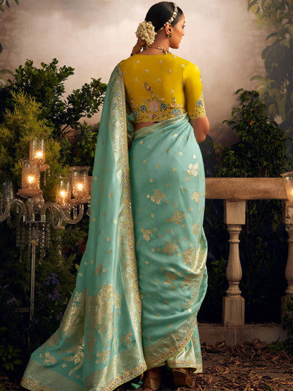 Dhiyona KM Women Elegant Green Silk Saree With Contrast Yellow Blouse