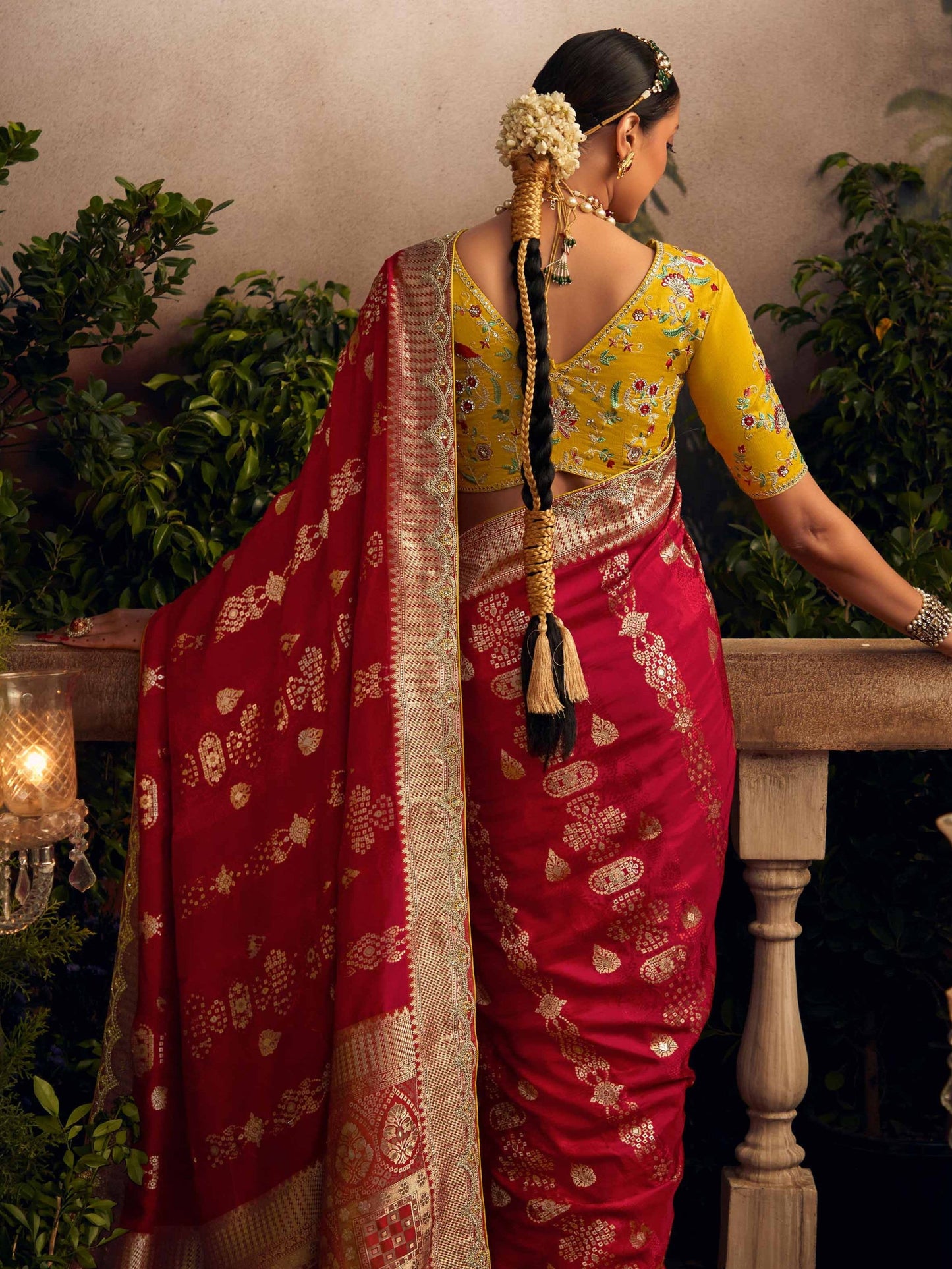 Dhiyona KM Women Classic Red Banarasi Silk Saree With Yellow Embroidered Blouse