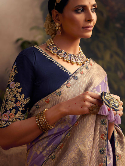 Dhiyona KM Women Elegant Lavender Viscose Dola Silk Saree With Contrast Blue Blouse Piece