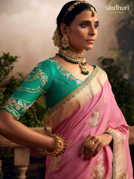 Dhiyona KM Women Elegant Pink Viscose Dola Silk Saree With Contrast Green Blouse Piece