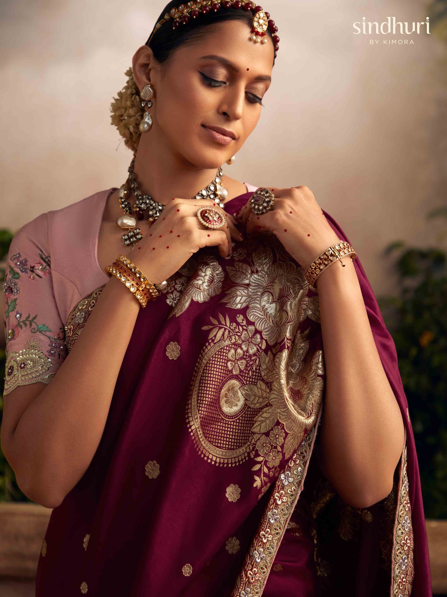 Dhiyona KM Women Embroidered Pure Viscose Dola Silk Purple Traditional Bridal Saree
