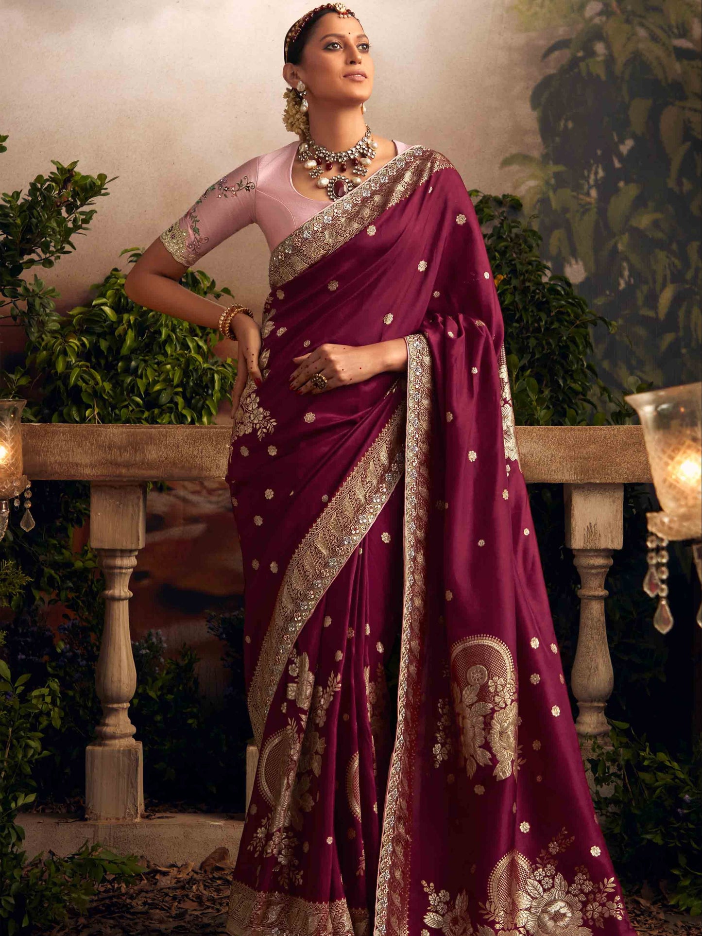 Dhiyona KM Women Embroidered Pure Viscose Dola Silk Purple Traditional Bridal Saree