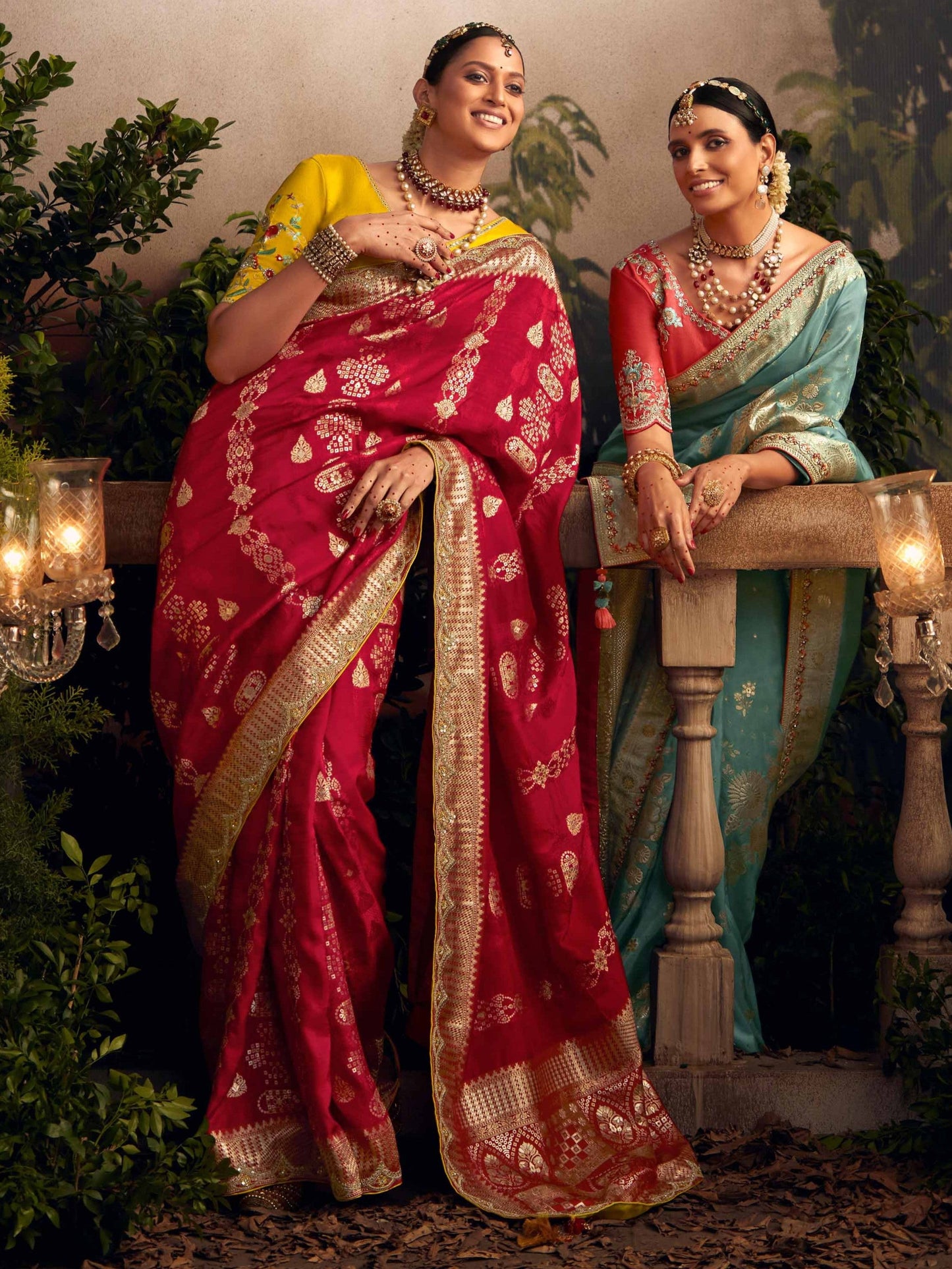 Dhiyona KM Women Light Blue Silk Zari Weaved Saree With Broad Border & Red Embroidered Blouse