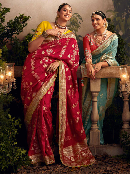 Dhiyona KM Women Light Blue Silk Zari Weaved Saree With Broad Border & Red Embroidered Blouse