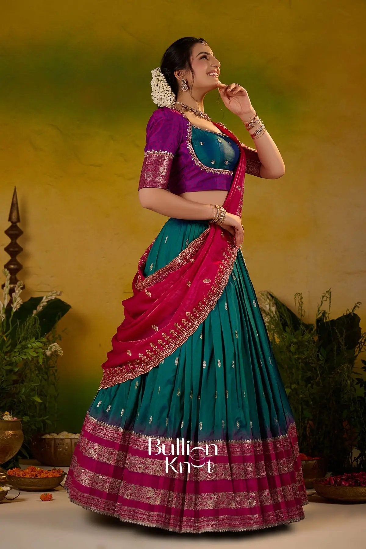 Dhiyona BN Rama Roshni Gadval Silk Lehenga Set In Peacock blue
