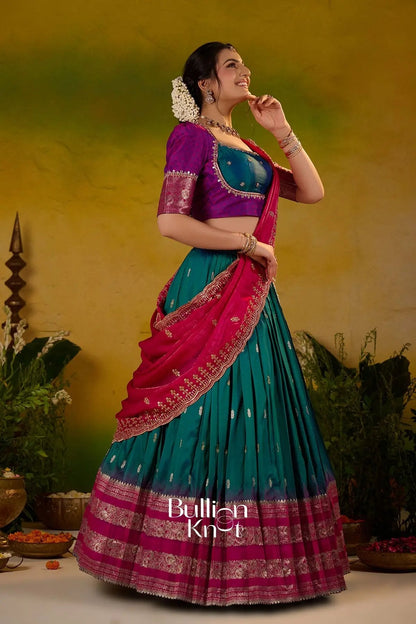 Dhiyona BN Rama Roshni Gadval Silk Lehenga Set In Peacock blue