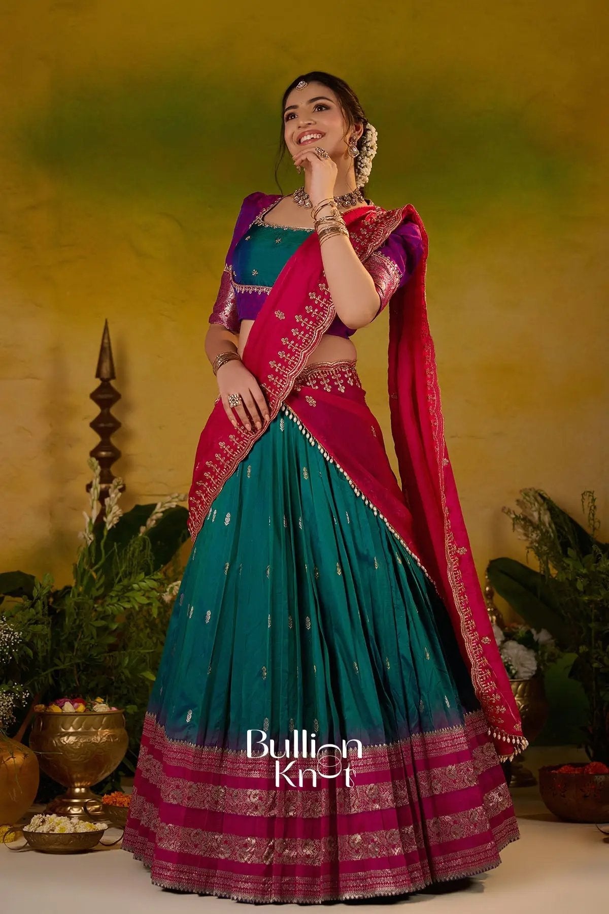 Dhiyona BN Rama Roshni Gadval Silk Lehenga Set In Peacock blue