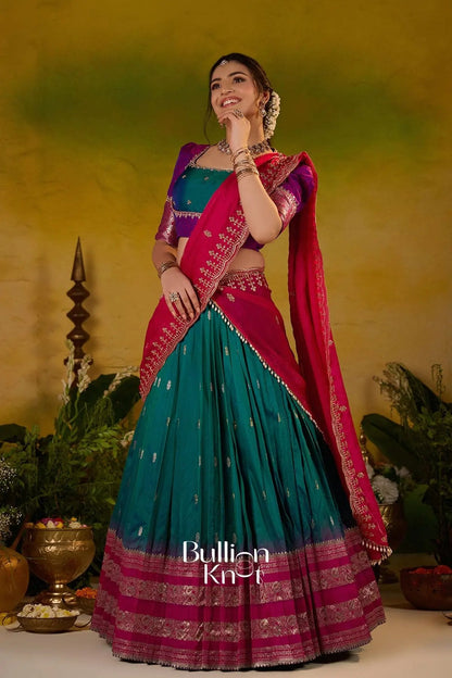 Dhiyona BN Rama Roshni Gadval Silk Lehenga Set In Peacock blue