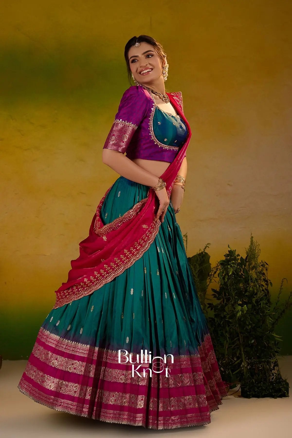 Dhiyona BN Rama Roshni Gadval Silk Lehenga Set In Peacock blue