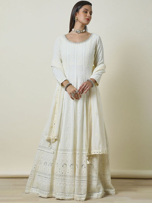Dhiyona SO Women's Floral Embroidered Regular Sequinned Anarkali Kurta with Churidar & Dupatta