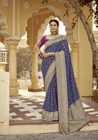 Dhiyona KM Women Royal Blue Banarasi Silk Saree With Zari Weaving