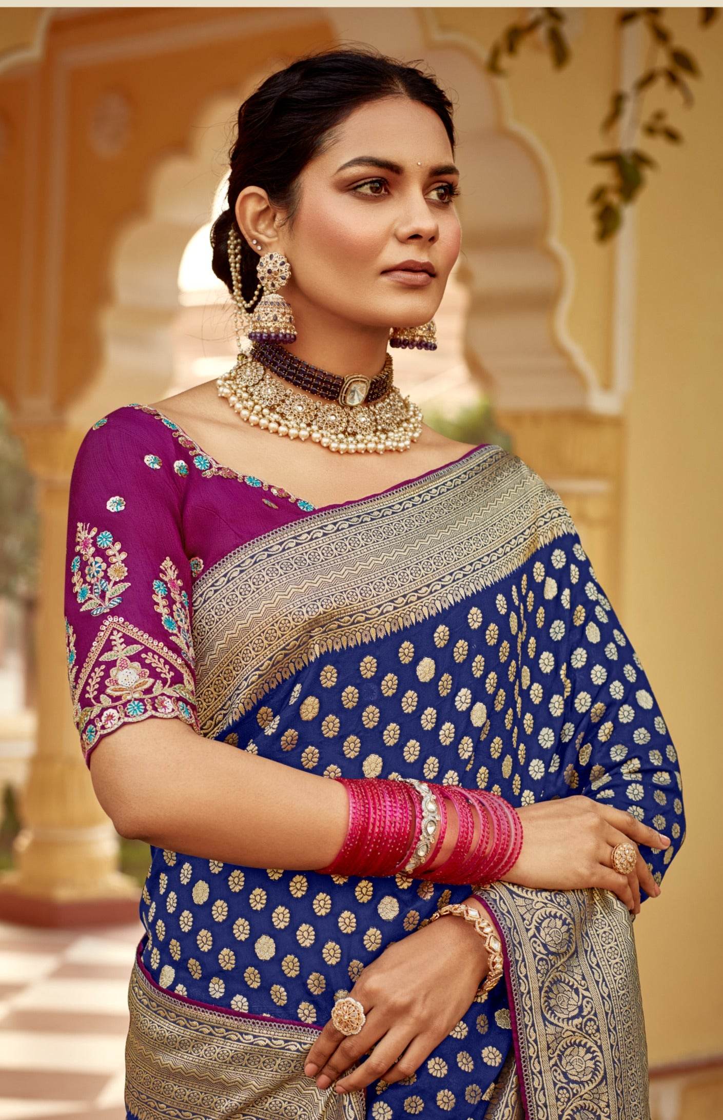 Dhiyona KM Women Royal Blue Banarasi Silk Saree With Zari Weaving