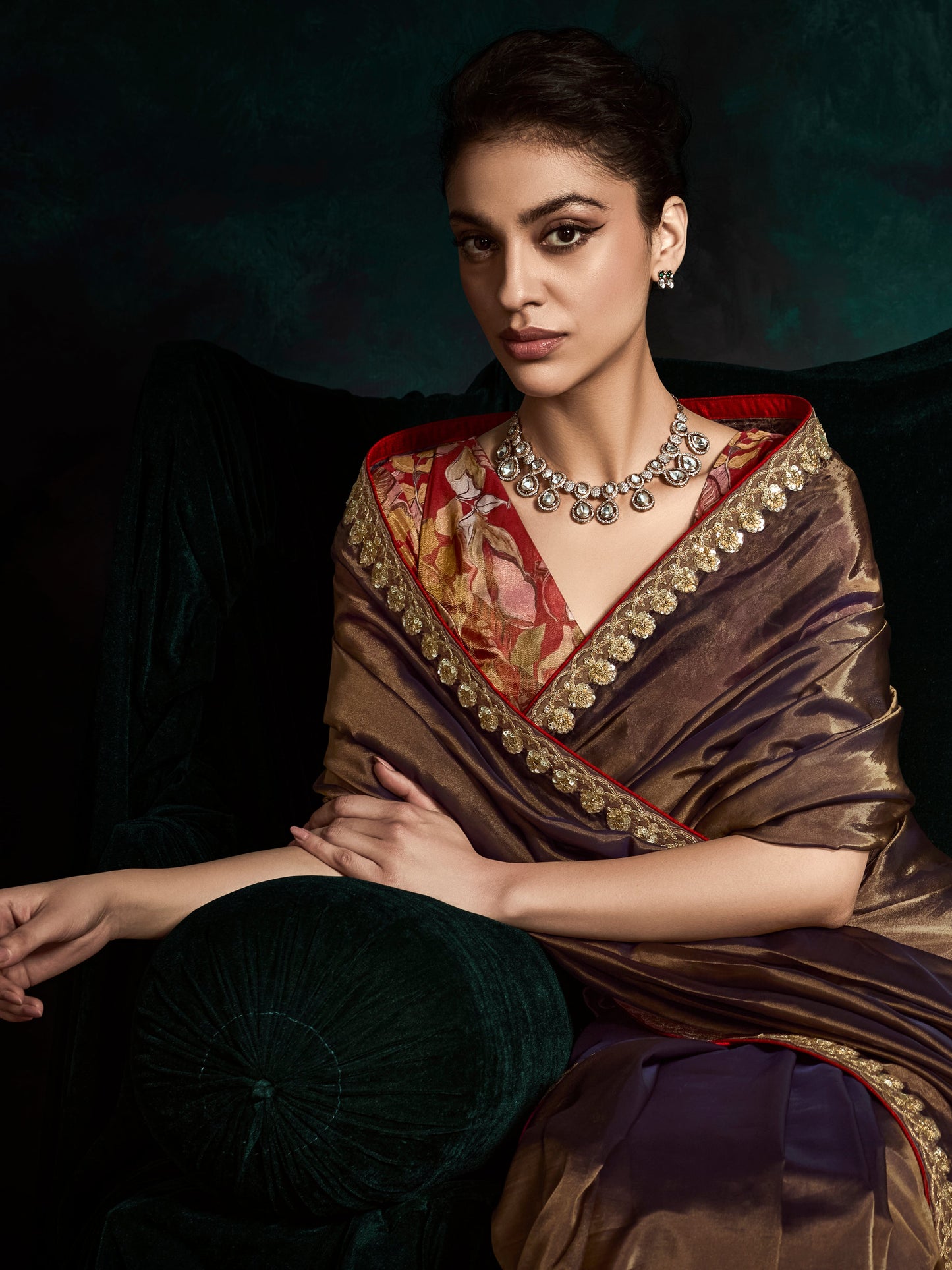 Dhiyona KM Women Elegant Brown Tissue Silk Saree With Crush Effect & Designer Printed Silk Blouseelegant Brown Tissue Silk Saree