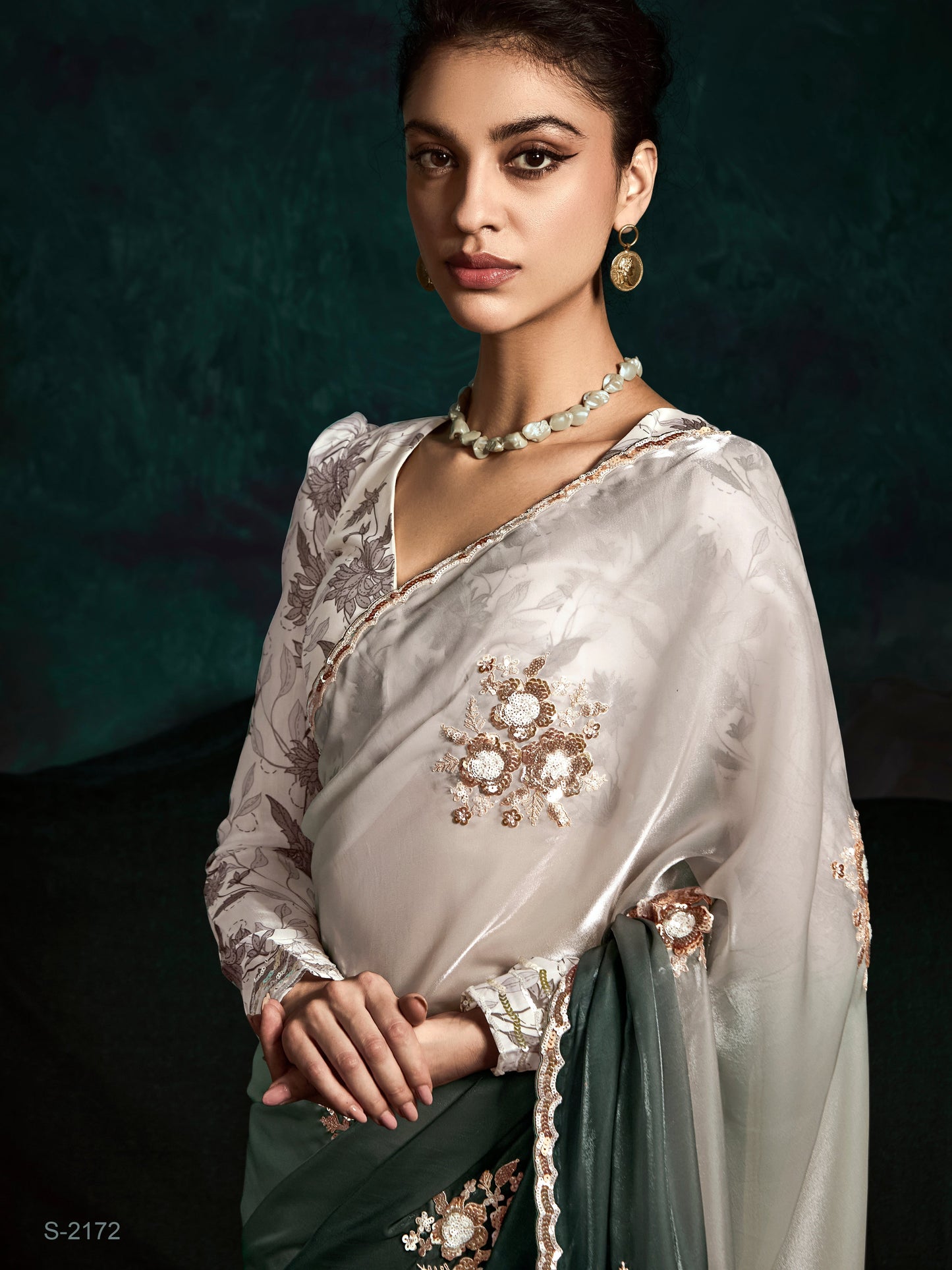 Dhiyona KM Women Elegant Double Shade Green & White Organza Saree With White Printed Silk Blouse