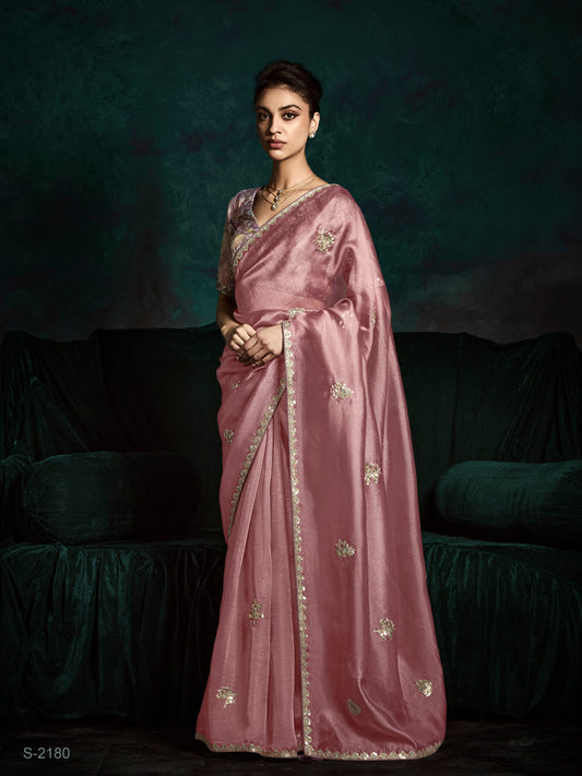 Dhiyona KM Women Graceful Pink Pure Tissue Silk Saree With Sequins & Thread Embroidered Butti Work