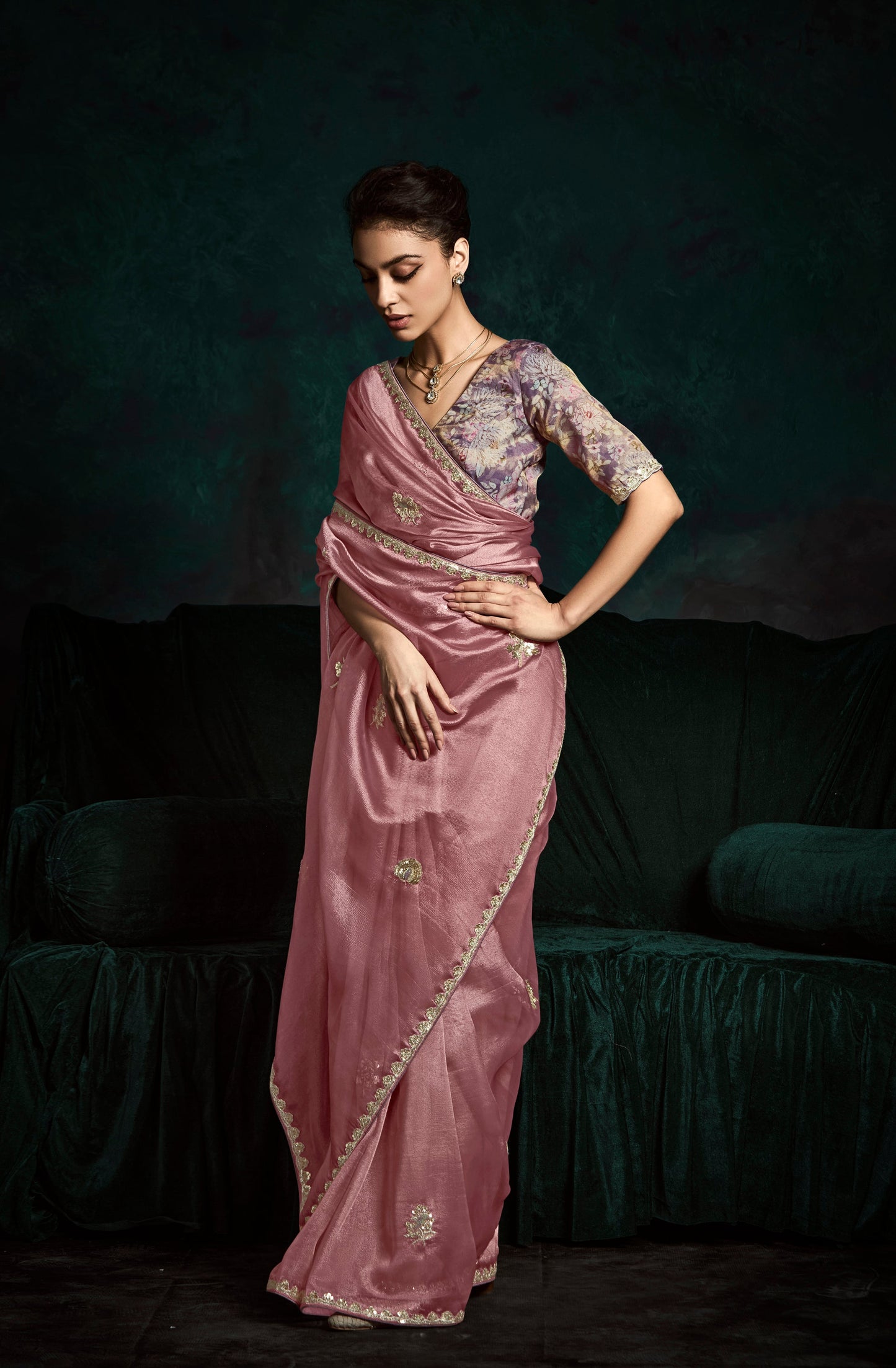 Dhiyona KM Women Graceful Pink Pure Tissue Silk Saree With Sequins & Thread Embroidered Butti Work