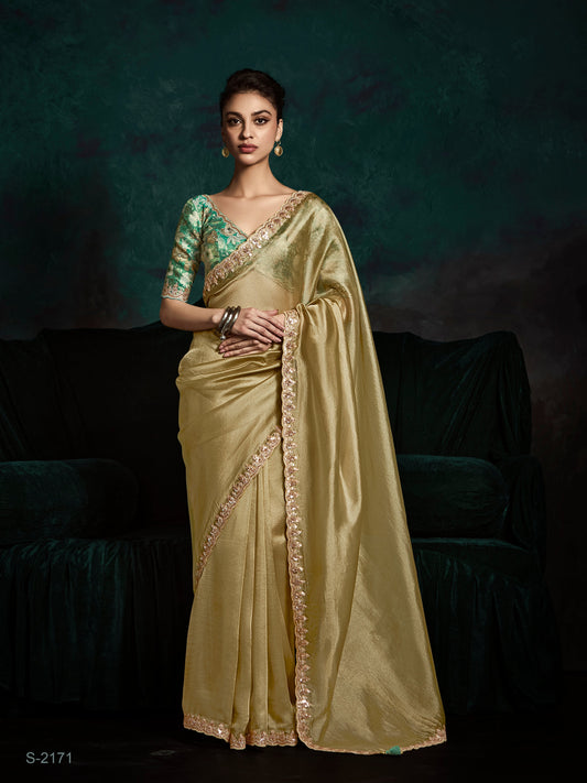 Dhiyona KM Women Designer Golden Fancy Saree With Thread Embroidery