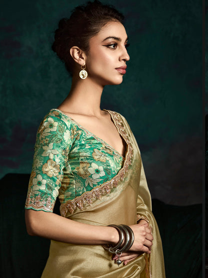 Dhiyona KM Women Designer Golden Fancy Saree With Thread Embroidery