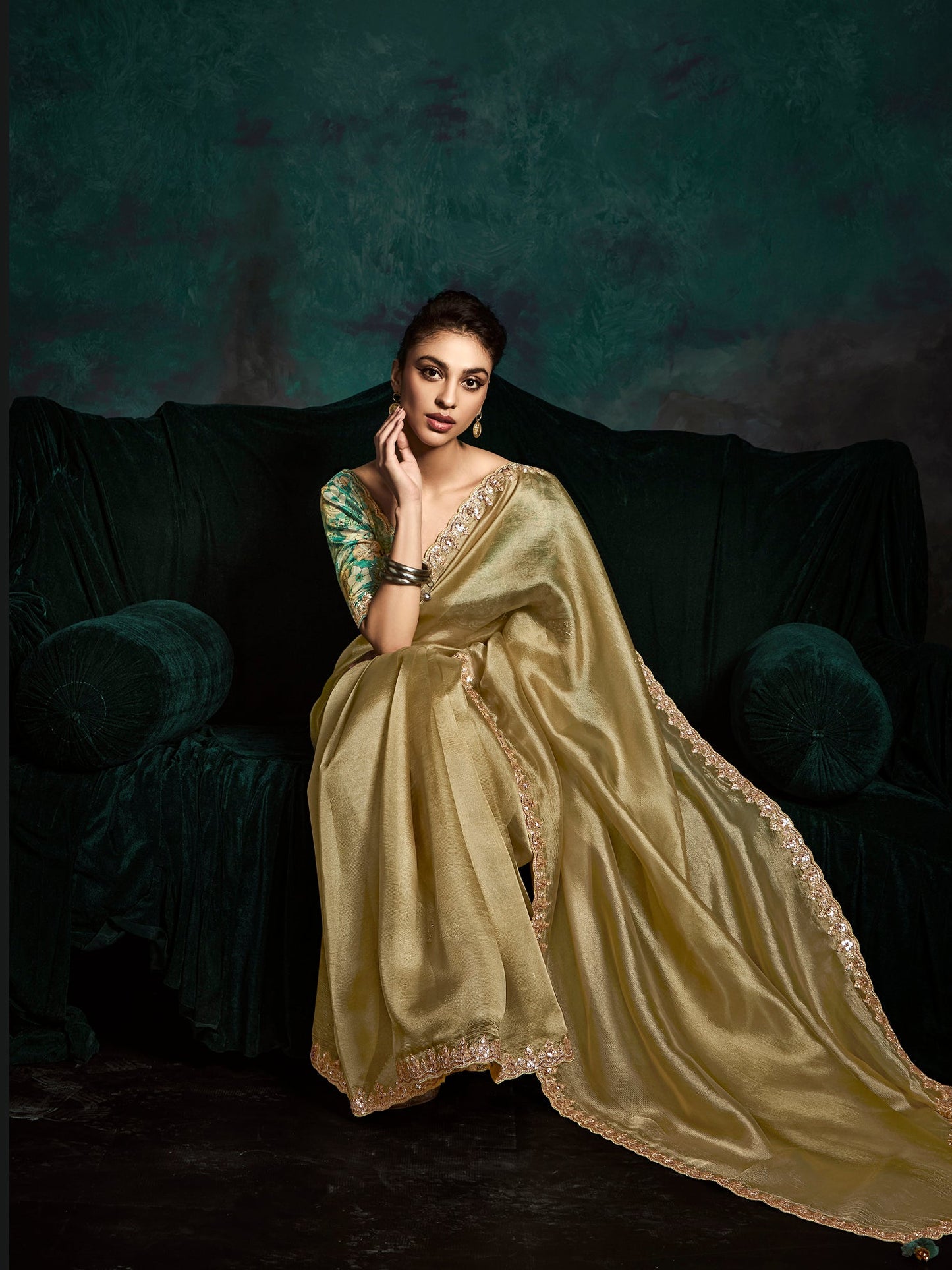 Dhiyona KM Women Designer Golden Fancy Saree With Thread Embroidery